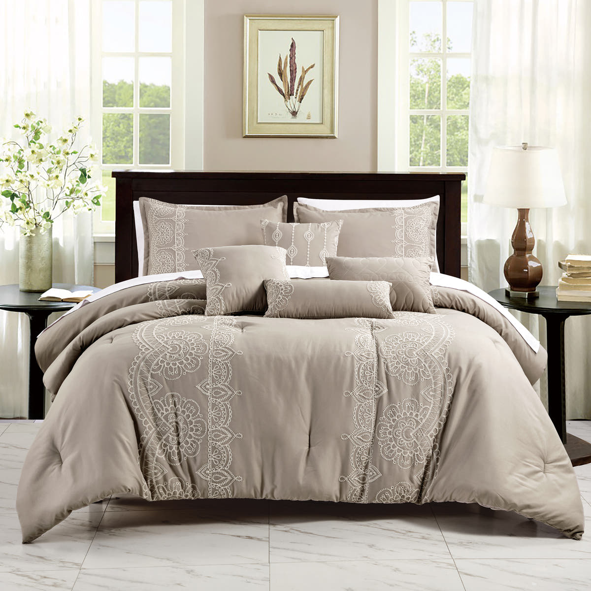 Taupe Embroidered 7-Piece Comforter Set - styled bedding set