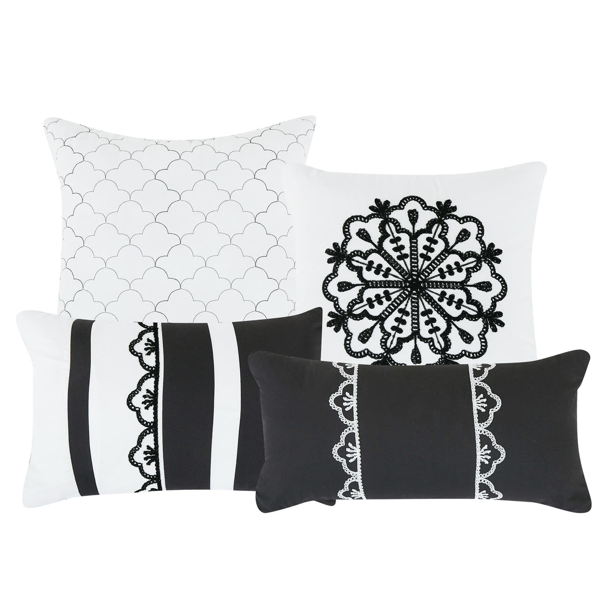 Black and White Medallion Embroidered 7-Piece Comforter Set - decorative pillow detail