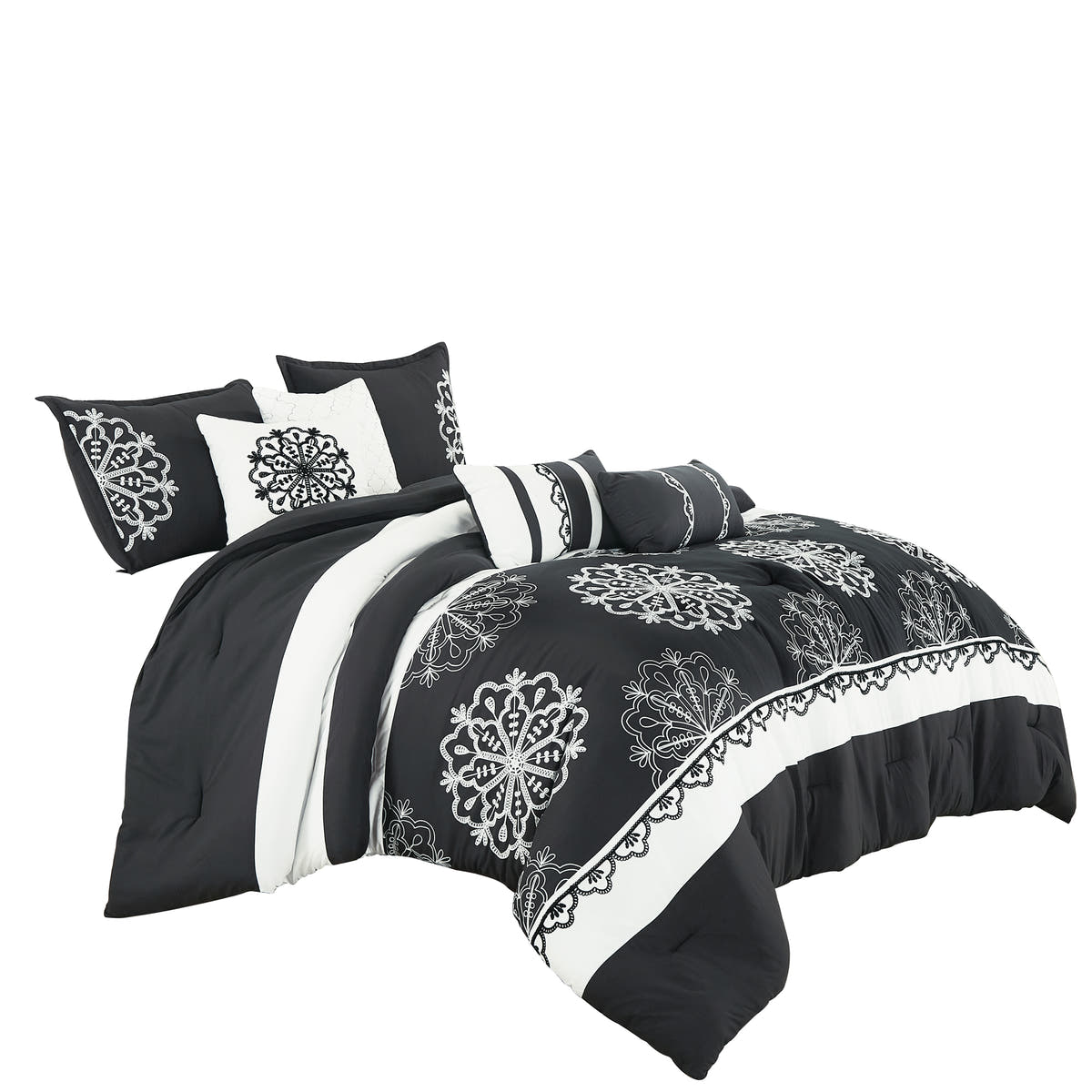Black and White Medallion Embroidered 7-Piece Comforter Set - alternate product view 5