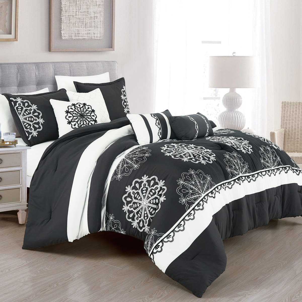 Black and White Medallion Embroidered 7-Piece Comforter Set - styled bedding set