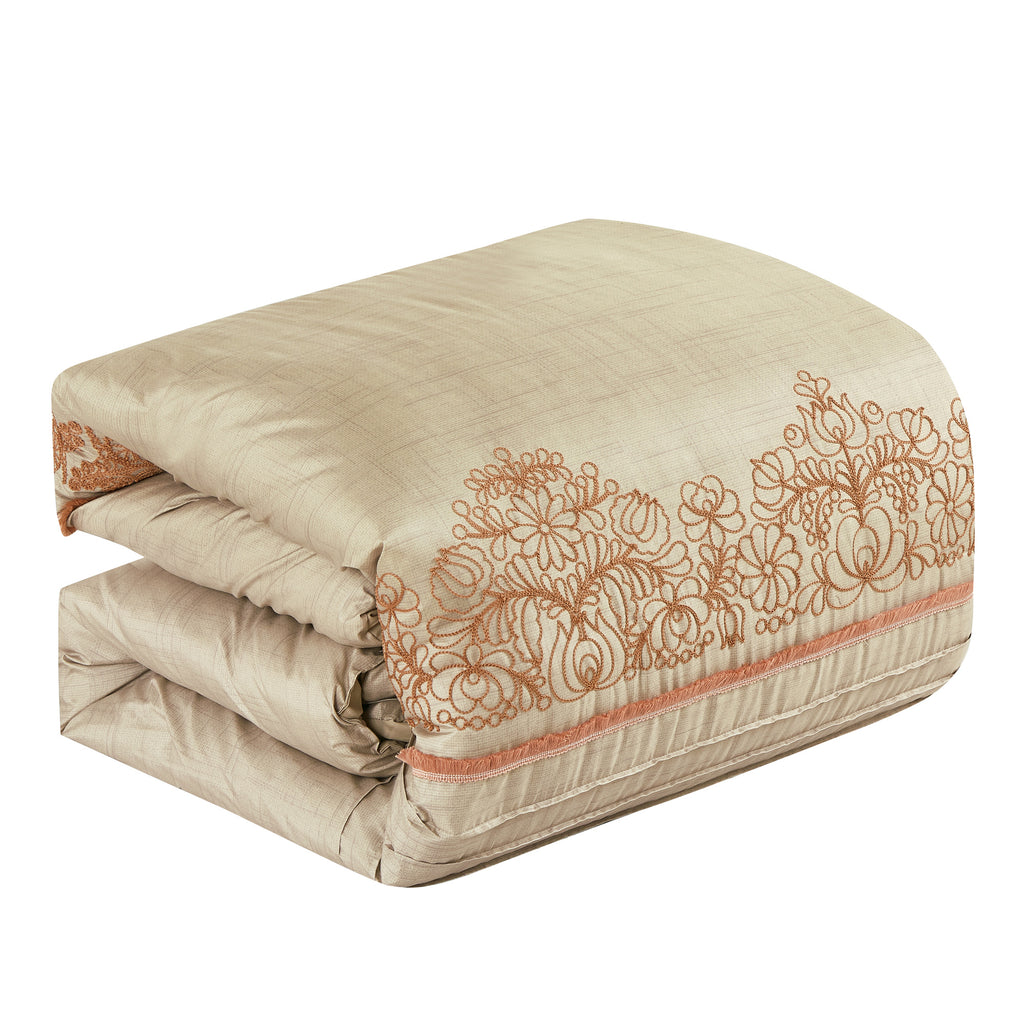 Beige Floral Embroidered 7-Piece Comforter Set - comforter detail