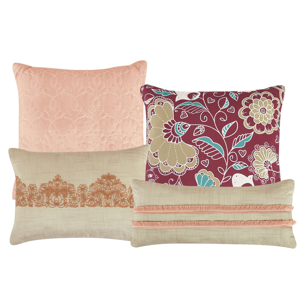 Beige Floral Embroidered 7-Piece Comforter Set - decorative pillow detail