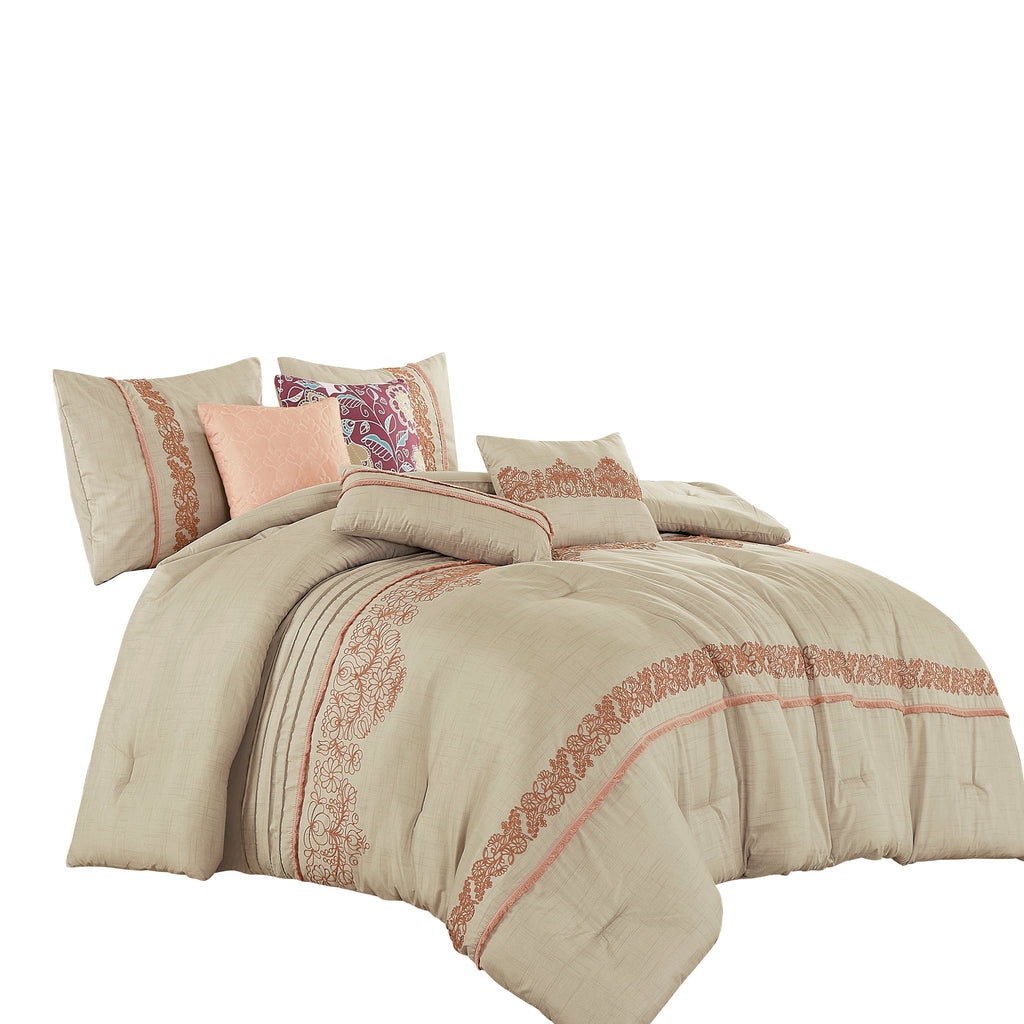 Beige Floral Embroidered 7-Piece Comforter Set - alternate product view 5
