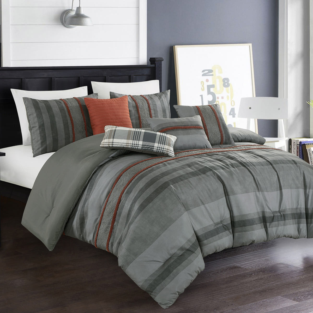 Grey Striped 7-Piece Comforter Set - styled bedding set