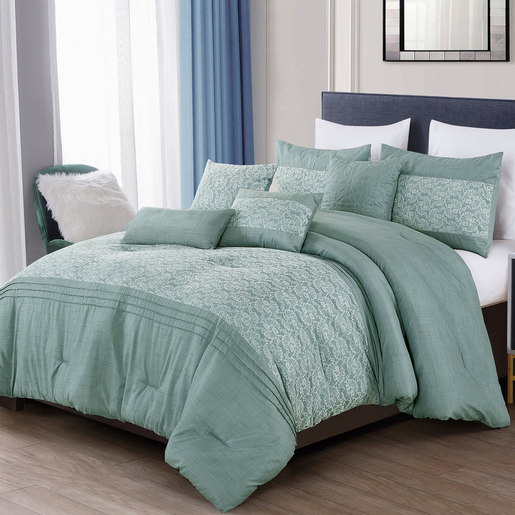 Sage Green Lace Floral 7-Piece Comforter Set - styled bedding set