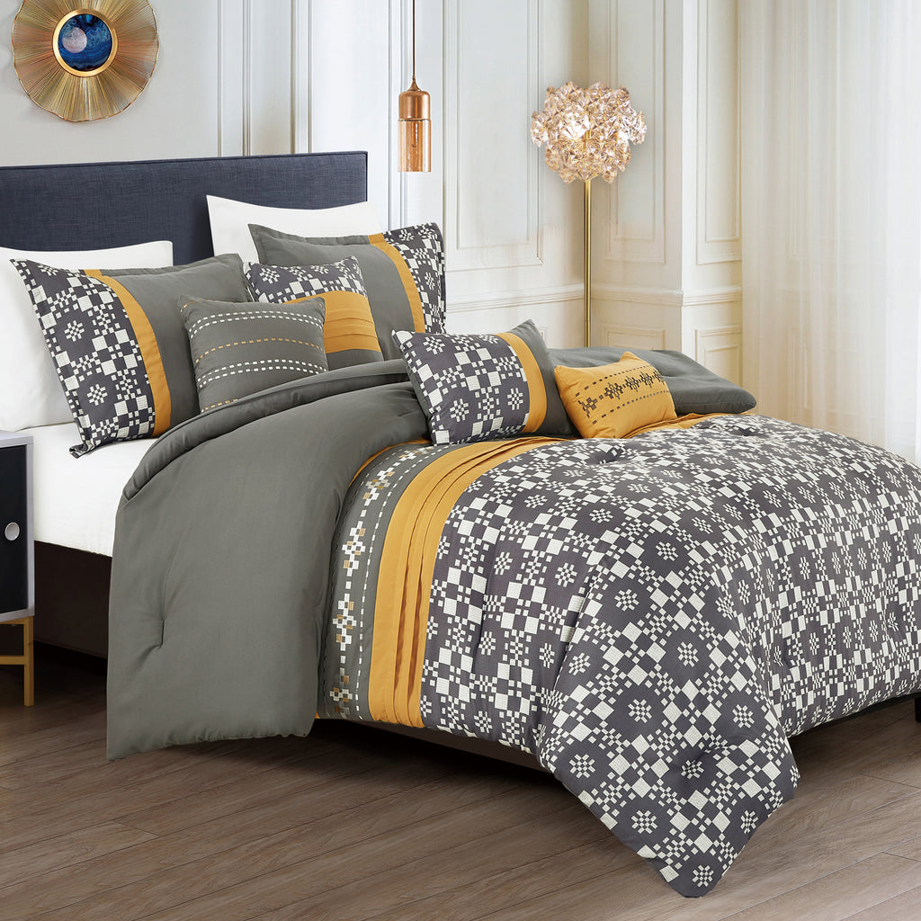 Grey and Yellow Geometric 7-Piece Comforter Set - styled bedding set