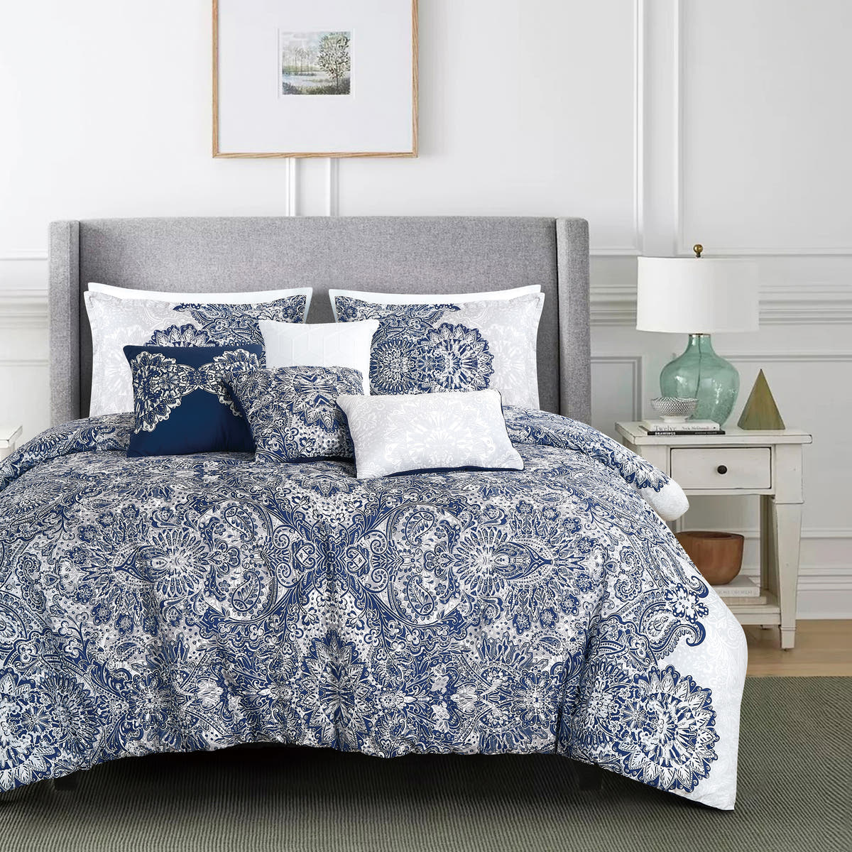 Navy Medallion 7-Piece Comforter Set - styled bedding set