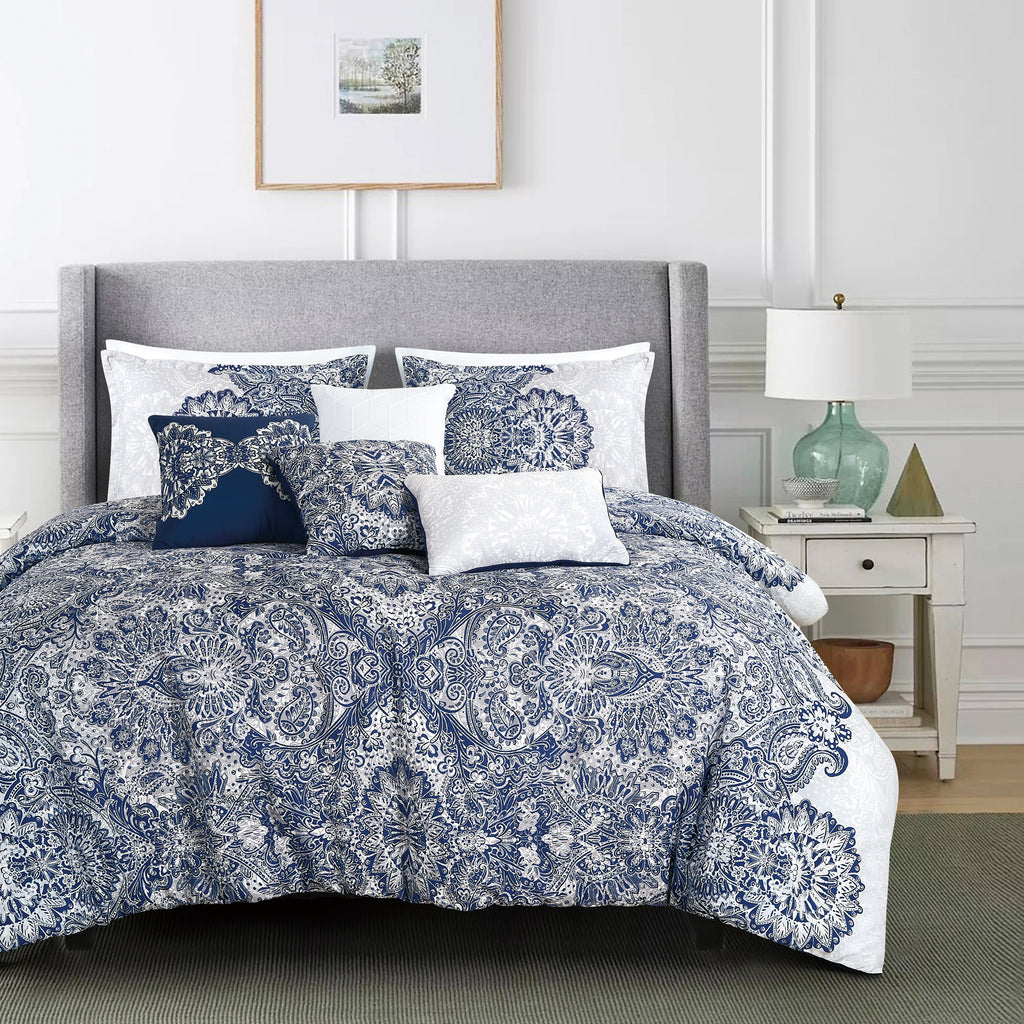 Navy Medallion 7-Piece Comforter Set - styled bedding set