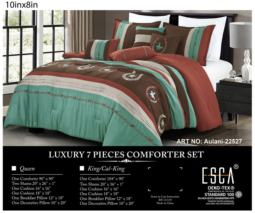 Brown and Teal Western Embroidered 7-Piece Comforter Set - alternate product view 2