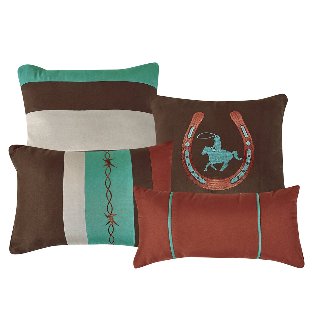 Brown and Teal Western Embroidered 7-Piece Comforter Set - decorative pillow detail