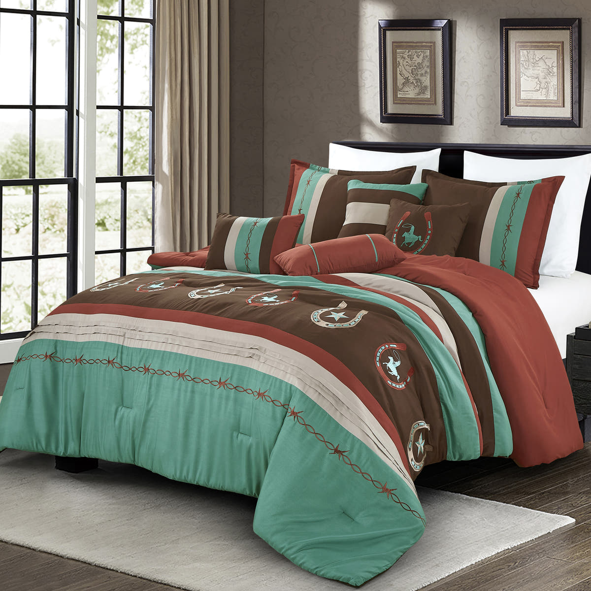 Brown and Teal Western Embroidered 7-Piece Comforter Set - styled bedding set