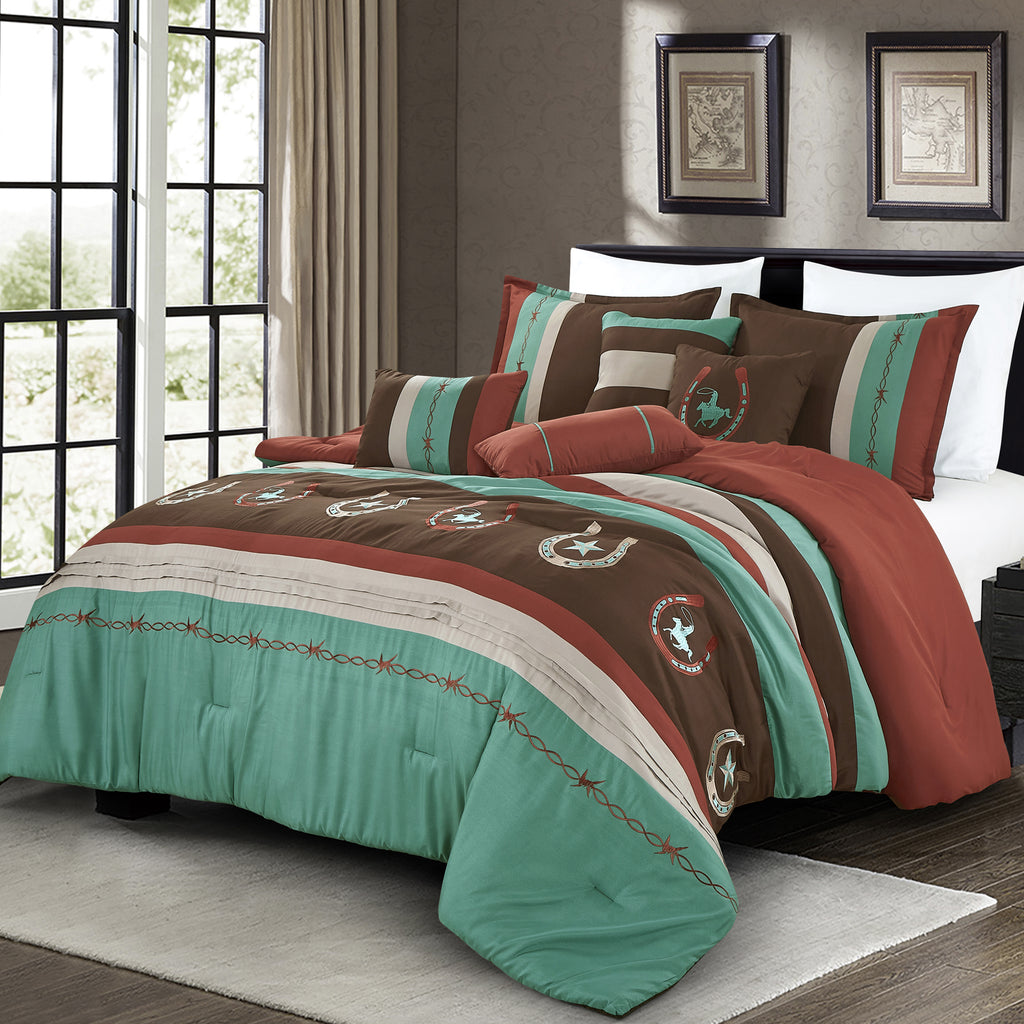 Brown and Teal Western Embroidered 7-Piece Comforter Set - styled bedding set