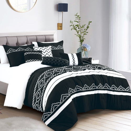Black and White Geometric Embroidered 7-Piece Comforter Set - styled bedding set