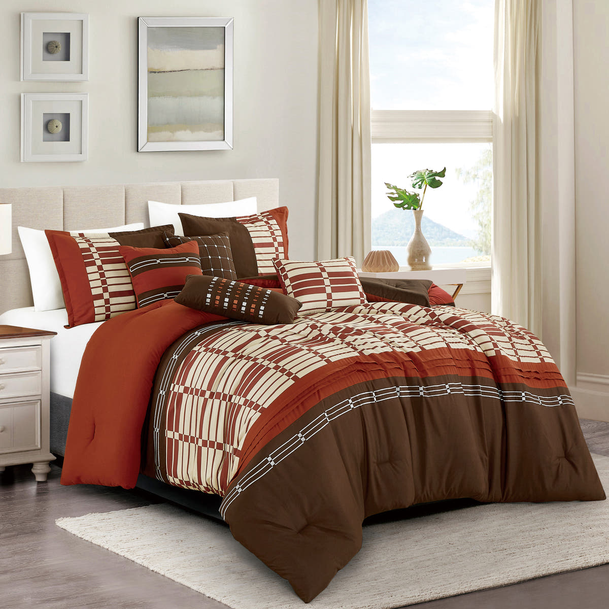 Brown Color Block Plaid 7-Piece Comforter Set - styled bedding set