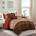 Brown Color Block Plaid 7-Piece Comforter Set - styled bedding set