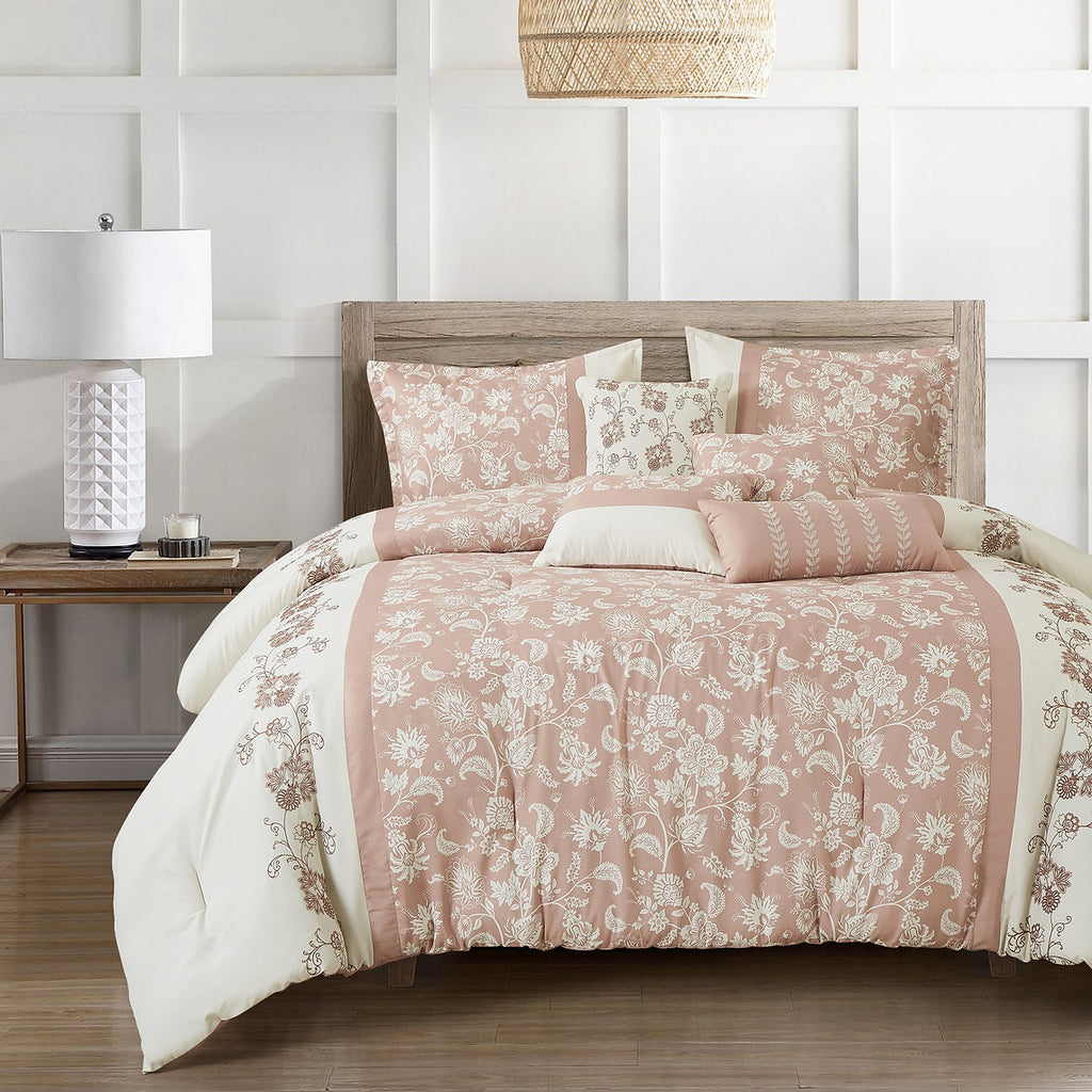 Dusty Rose Floral 7-Piece Comforter Set - styled bedding set
