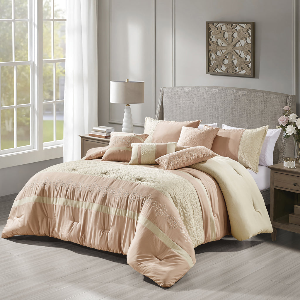 Blush Color Block Embroidered 7-Piece Comforter Set - styled bedding set