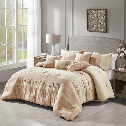 Blush Color Block Embroidered 7-Piece Comforter Set - styled bedding set