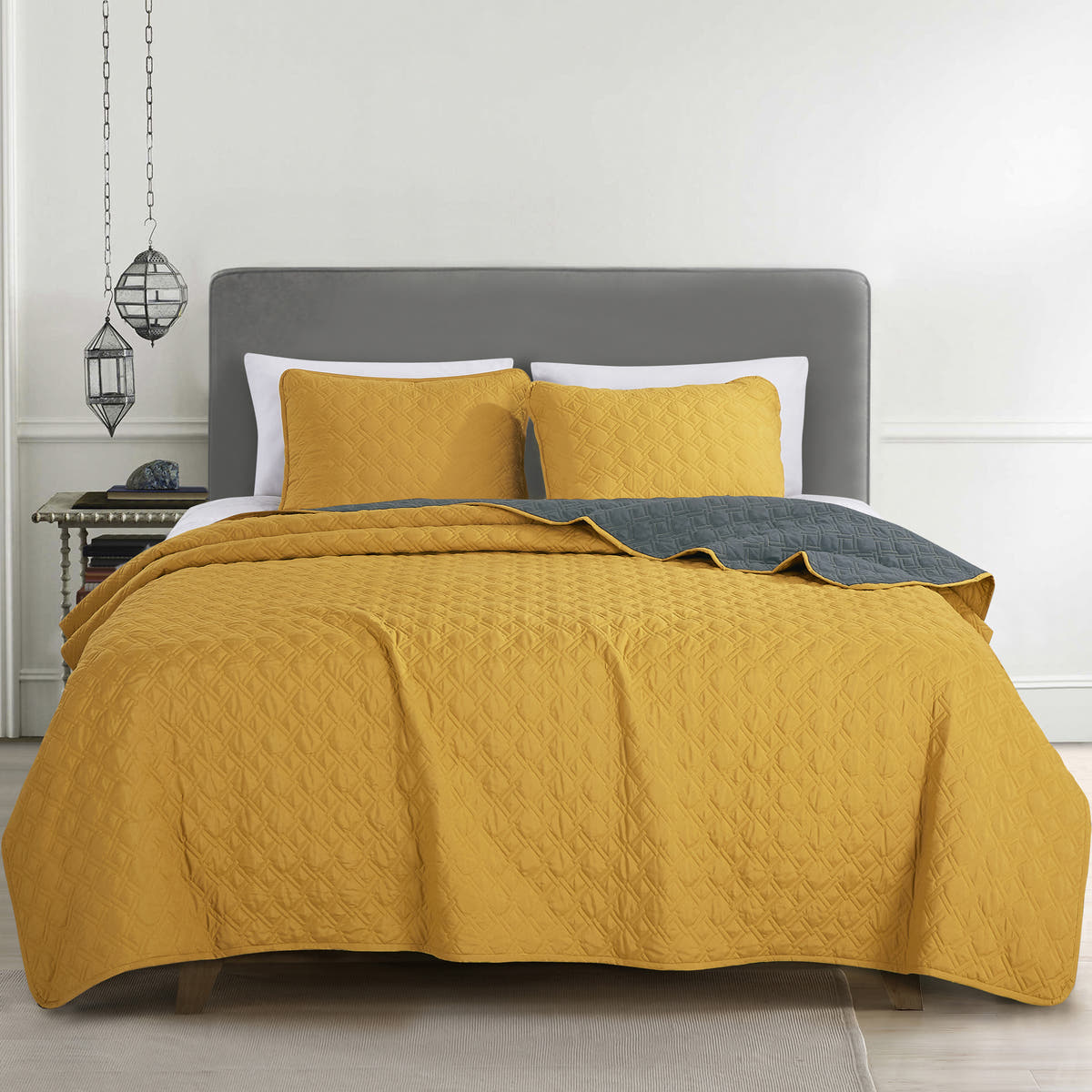 Mustard & Grey 3-Piece Bedspread Set - styled bedding set