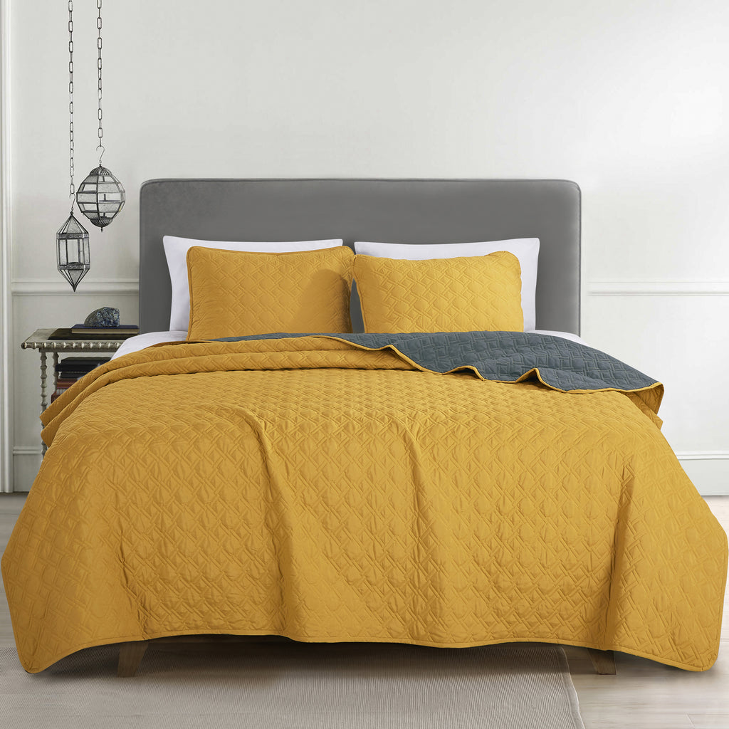 Mustard & Grey 3-Piece Bedspread Set - styled bedding set