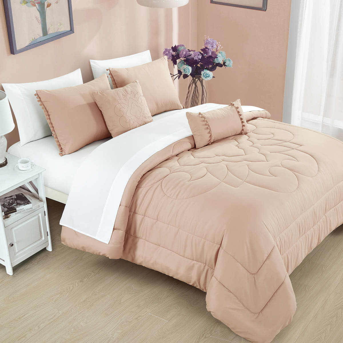Blush Pink Quilted 9-Piece Comforter & Sheet Set - styled bedding set