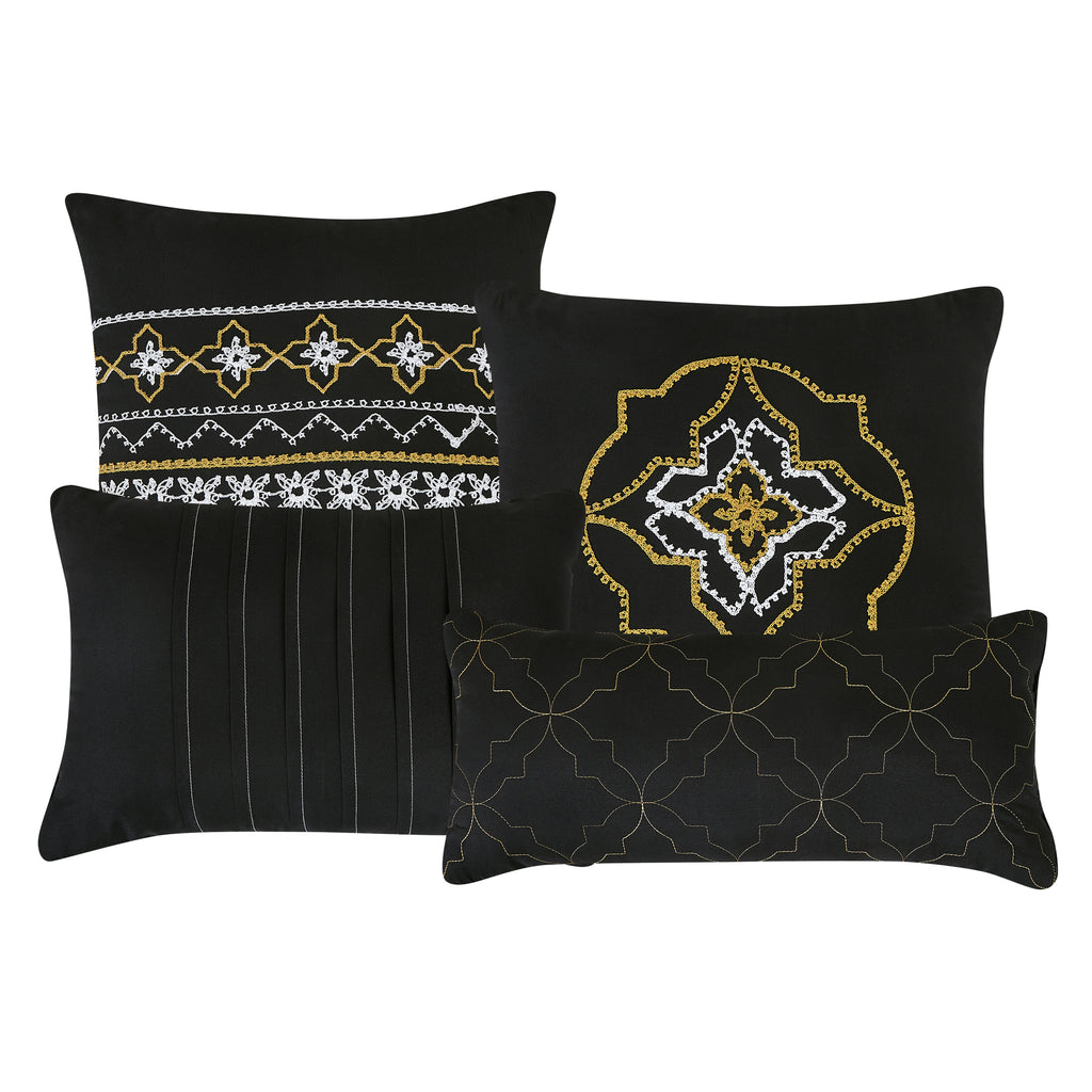 Black and Gold Geometric Embroidered 7-Piece Comforter Set - decorative pillow detail