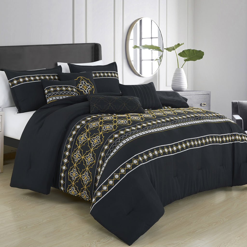 Black and Gold Geometric Embroidered 7-Piece Comforter Set - styled bedding set