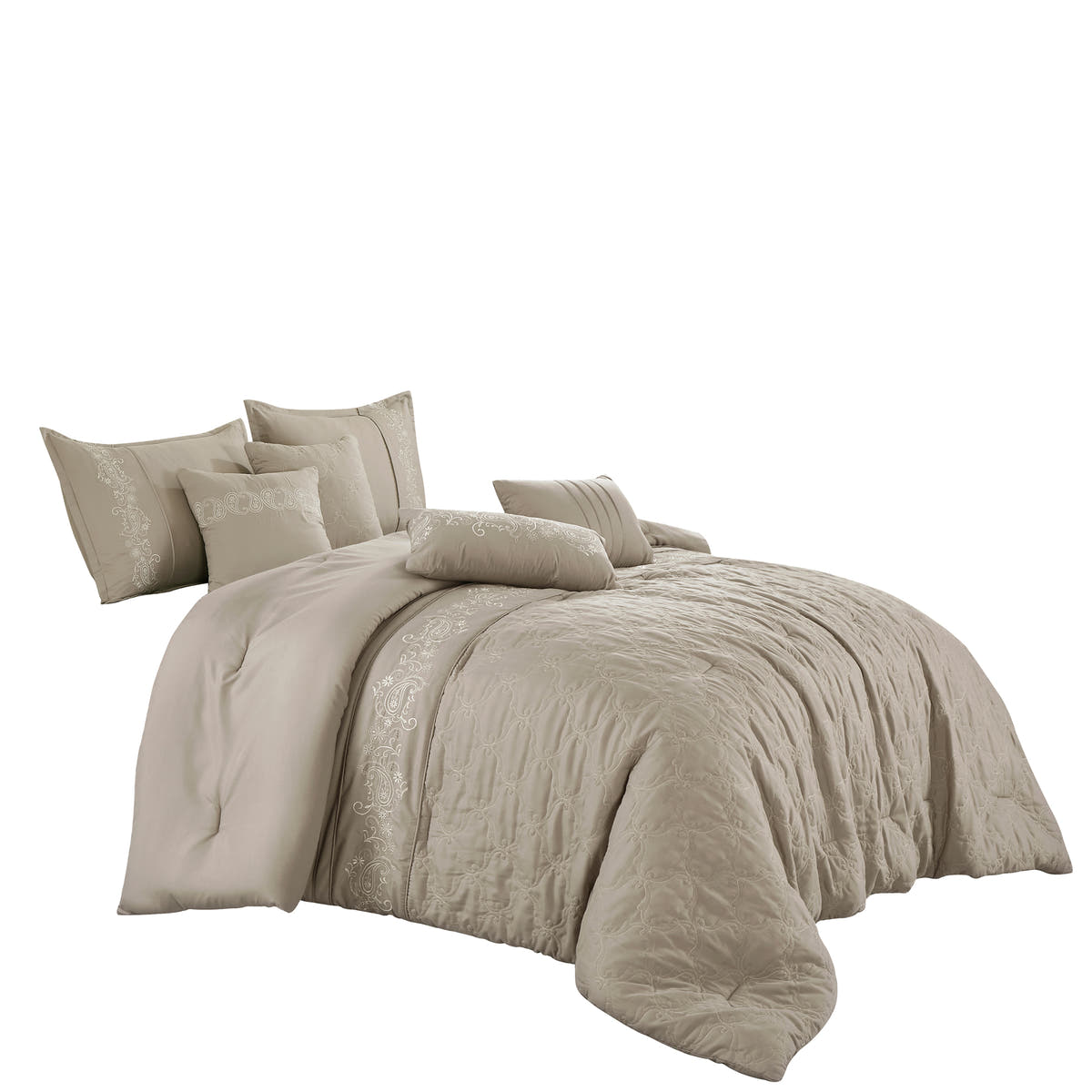 Taupe Scroll Embroidered 7-Piece Comforter Set - alternate product view 4