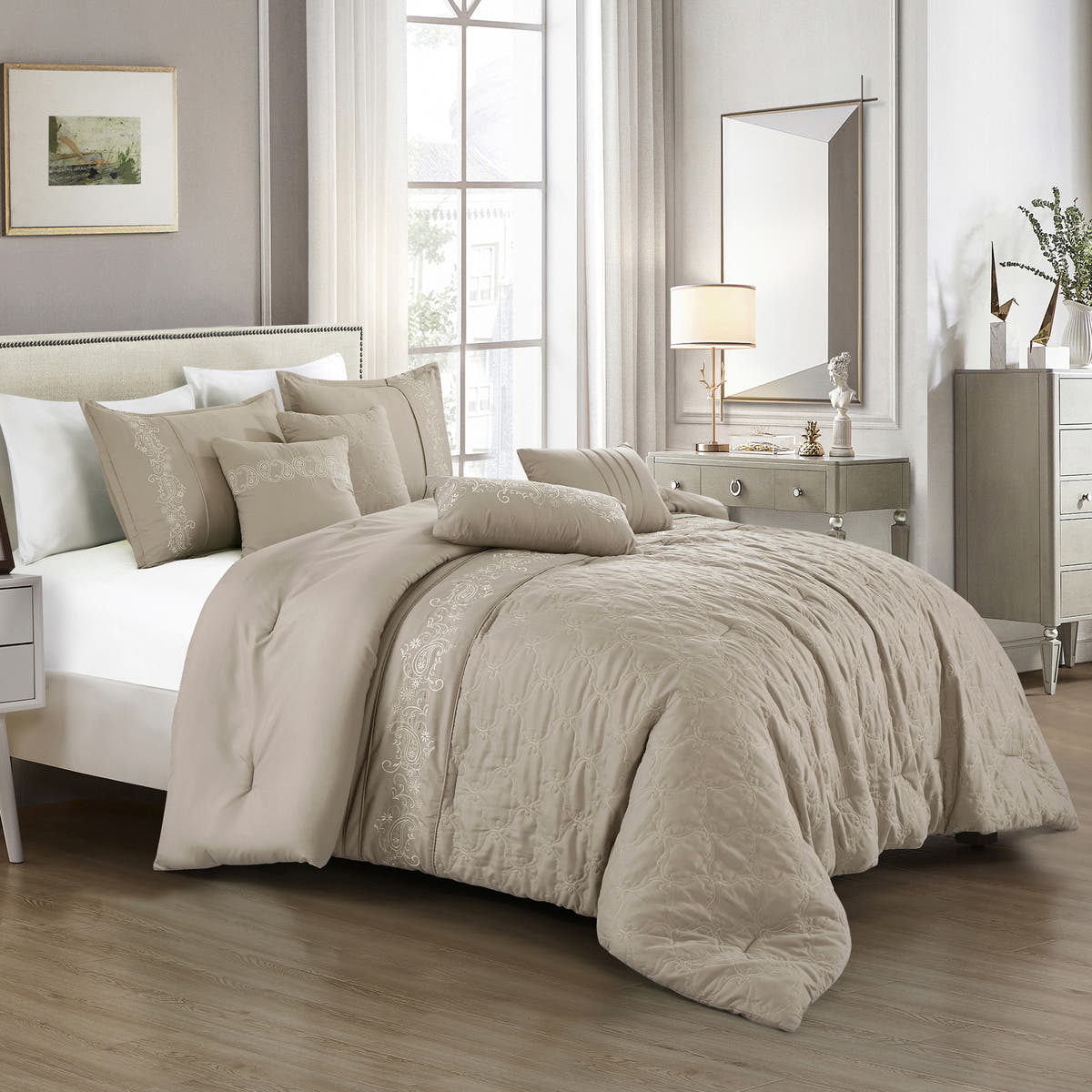 Taupe Scroll Embroidered 7-Piece Comforter Set - styled bedding set