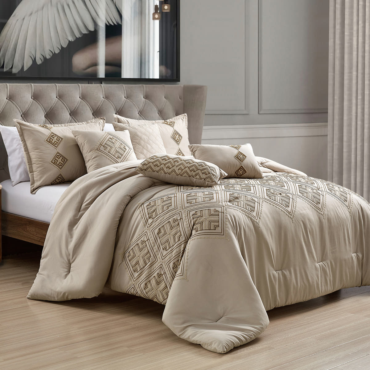 Taupe Geometric Embroidered 7-Piece Comforter Set - styled bedding set