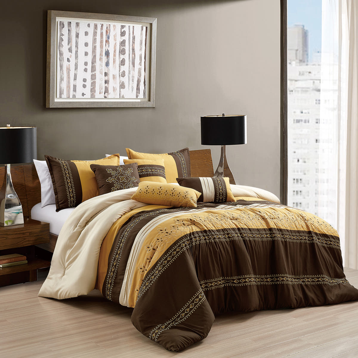 Brown and Yellow Geometric Embroidered 7-Piece Comforter Set - styled bedding set