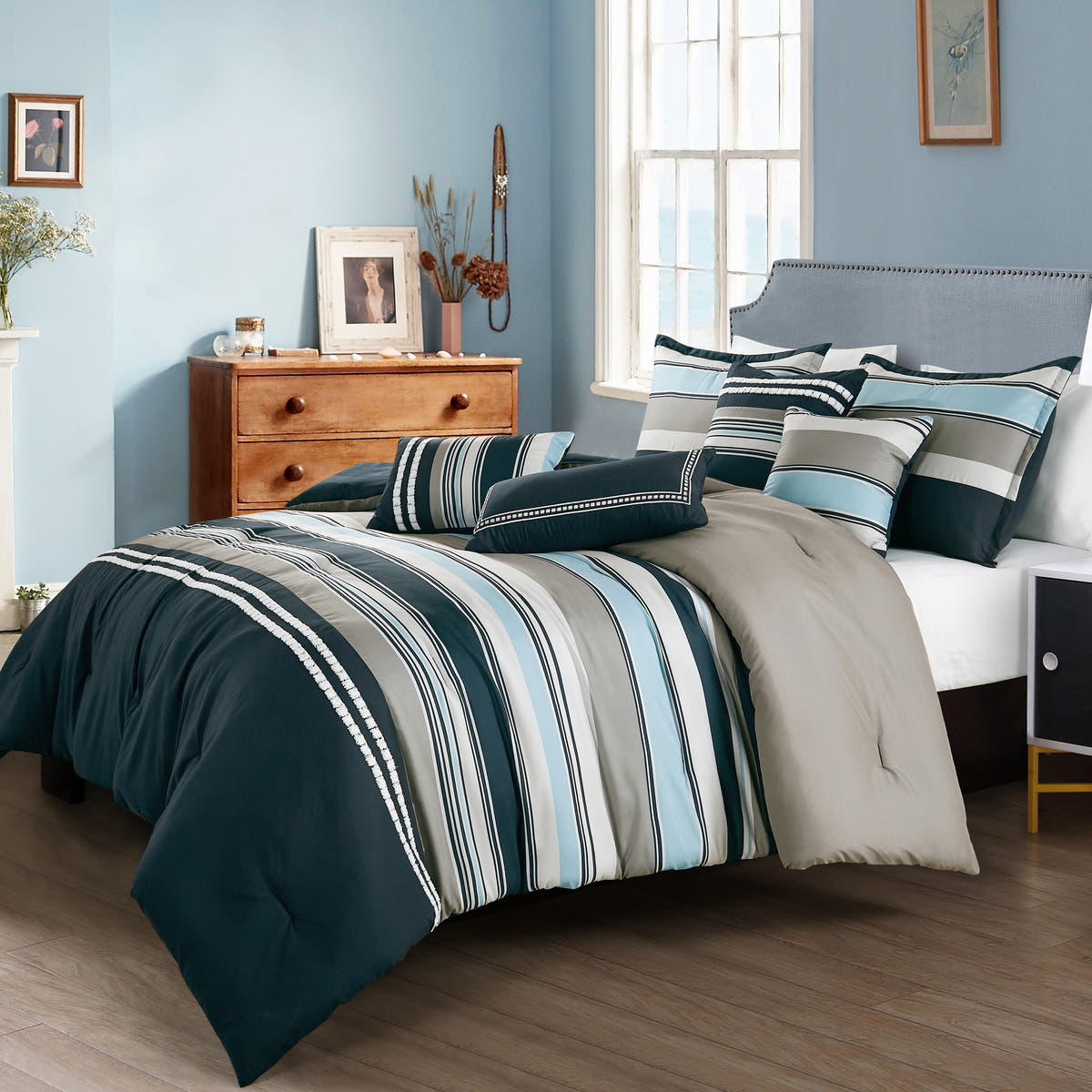 Teal Striped 7-Piece Comforter Set - styled bedding set