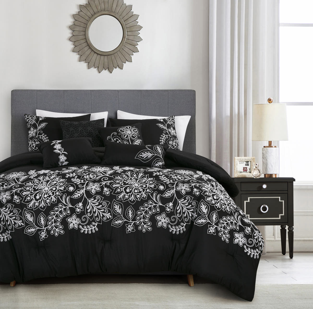 Black Scroll Embroidered 7-Piece Comforter Set - styled bedding set