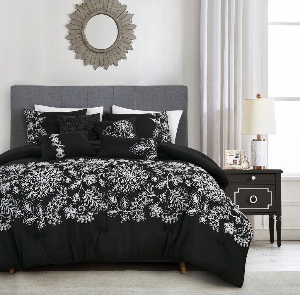 Black Scroll Embroidered 7-Piece Comforter Set - styled bedding set