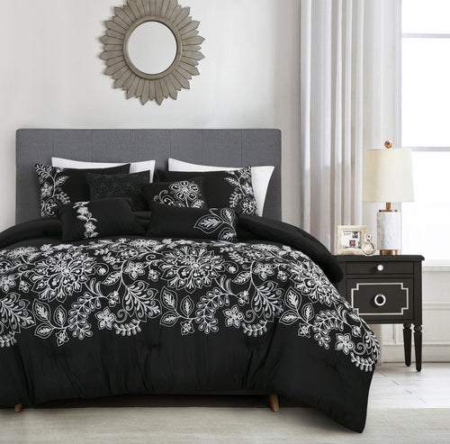 Black Scroll Embroidered 7-Piece Comforter Set - styled bedding set