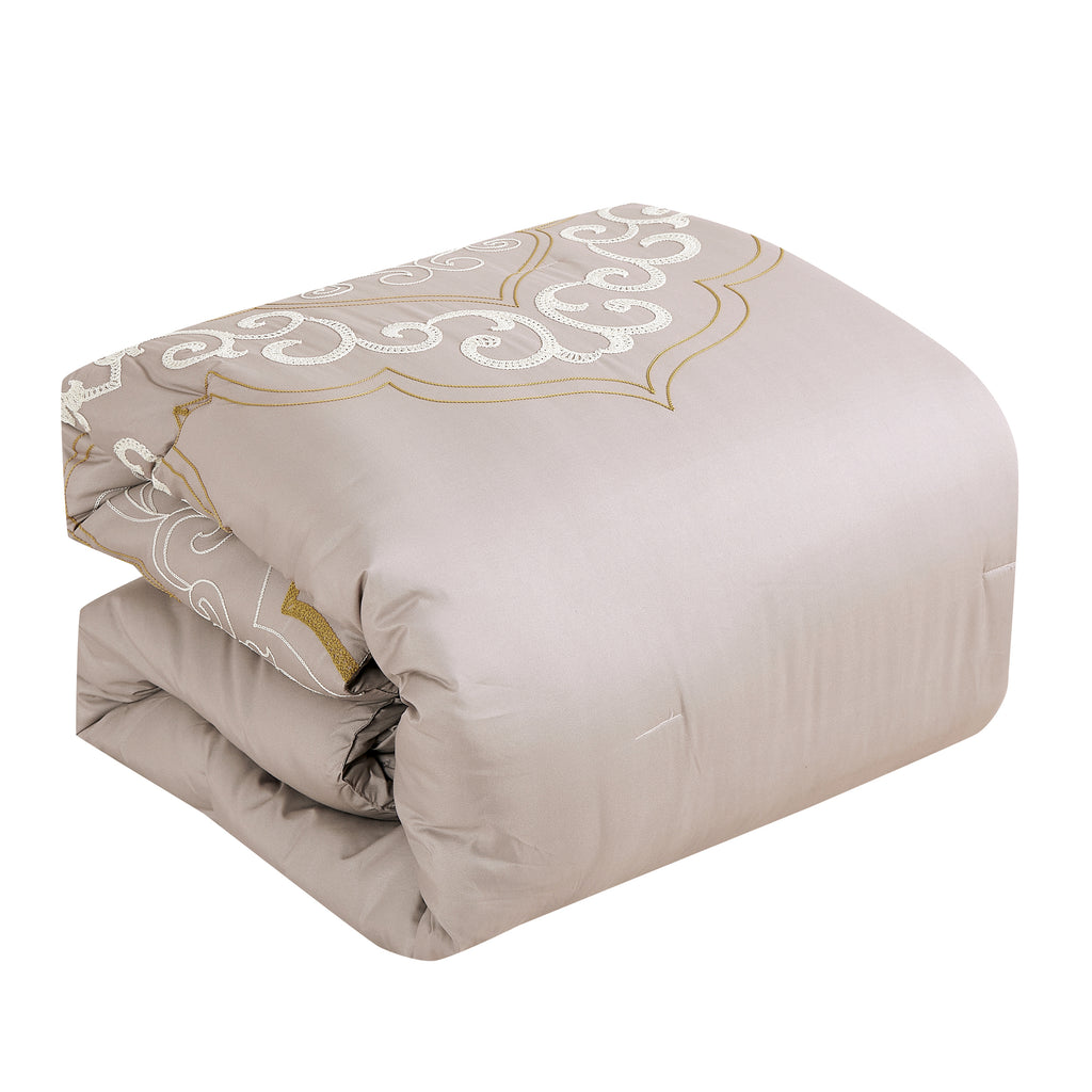 Taupe Scroll Embroidered 7-Piece Comforter Set - comforter detail