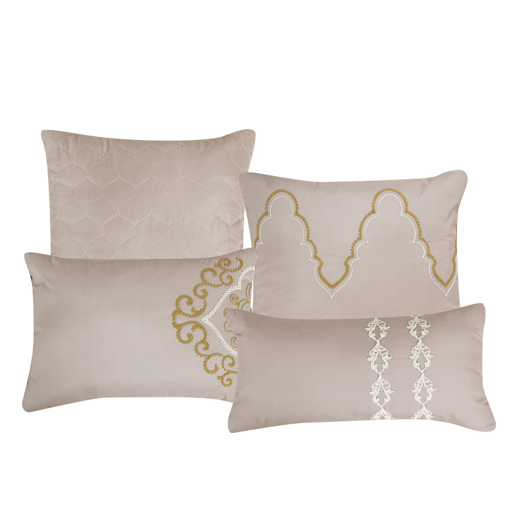 Taupe Scroll Embroidered 7-Piece Comforter Set - decorative pillow detail