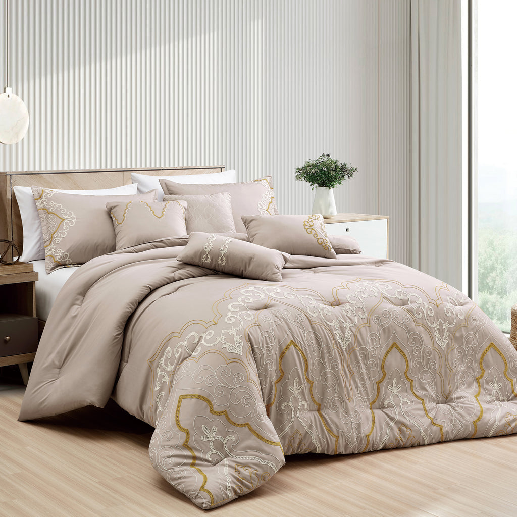 Taupe Scroll Embroidered 7-Piece Comforter Set - styled bedding set