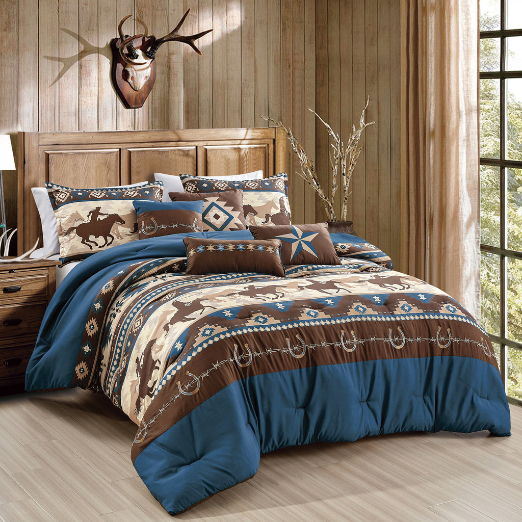 Brown and Teal Western 7-Piece Comforter Set - styled bedding set