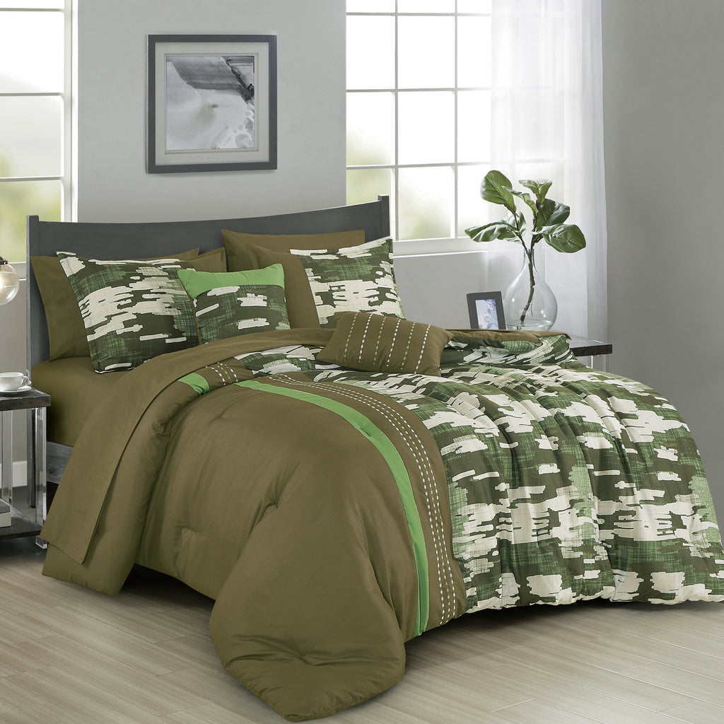 Olive Camouflage 9-Piece Comforter & Sheet Set - styled bedding set