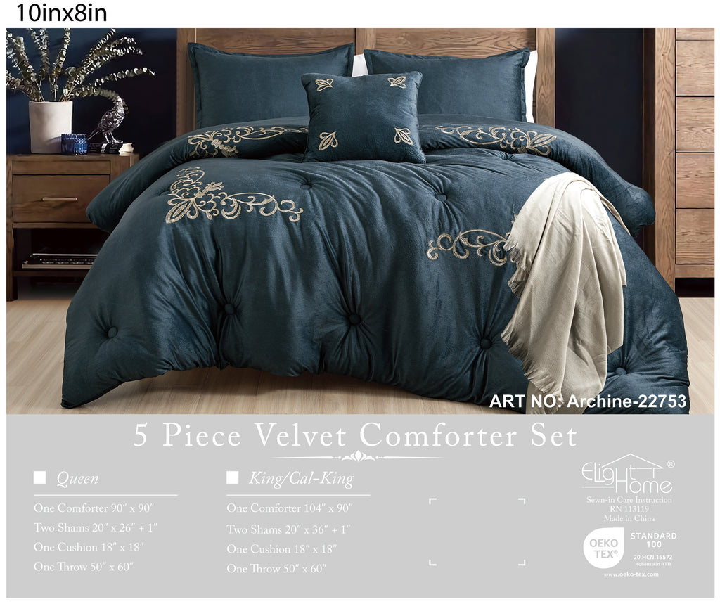 Luxurious Navy Tufted 5-Piece Comforter and Throw Blanket Set, shown in a bedroom setting