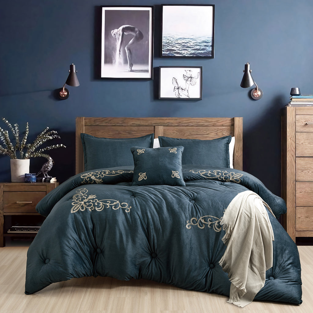 Luxurious Navy Tufted 5-Piece Comforter and Throw Blanket Set, styled on a made bed