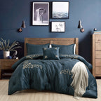 Luxurious Navy Tufted 5-Piece Comforter and Throw Blanket Set, styled on a made bed