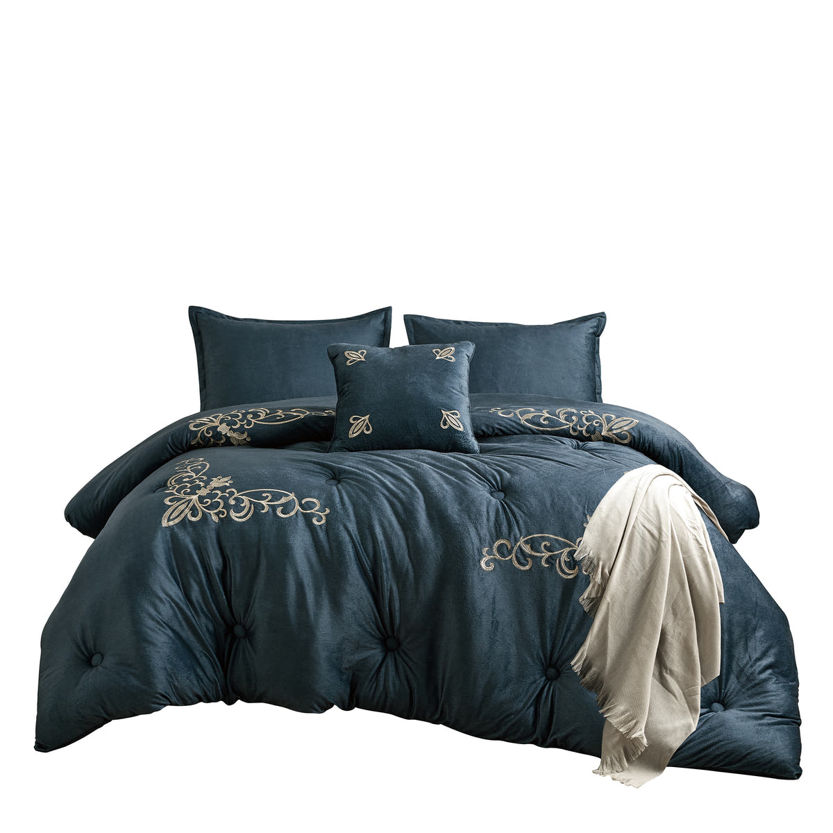 Alternate view of the Luxurious Navy Tufted 5-Piece Comforter and Throw Blanket Set