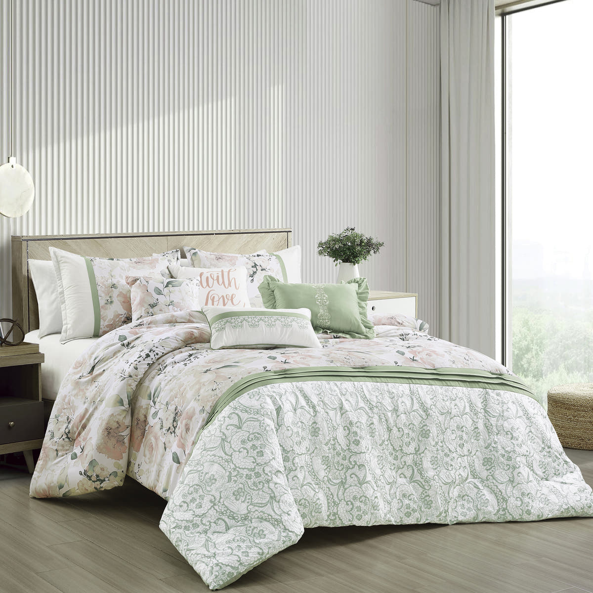 Sage & Blush Floral 7-Piece Comforter Set - styled bedding set