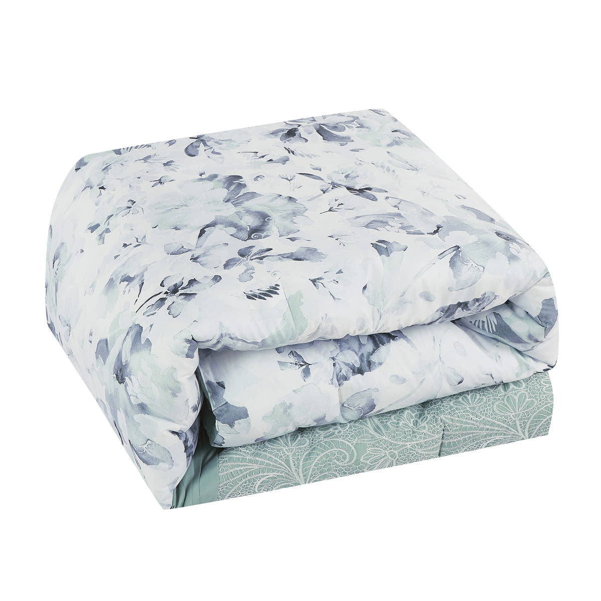 Comforter detail from the Soft Mint Green and Grey Watercolor Floral Comforter Set