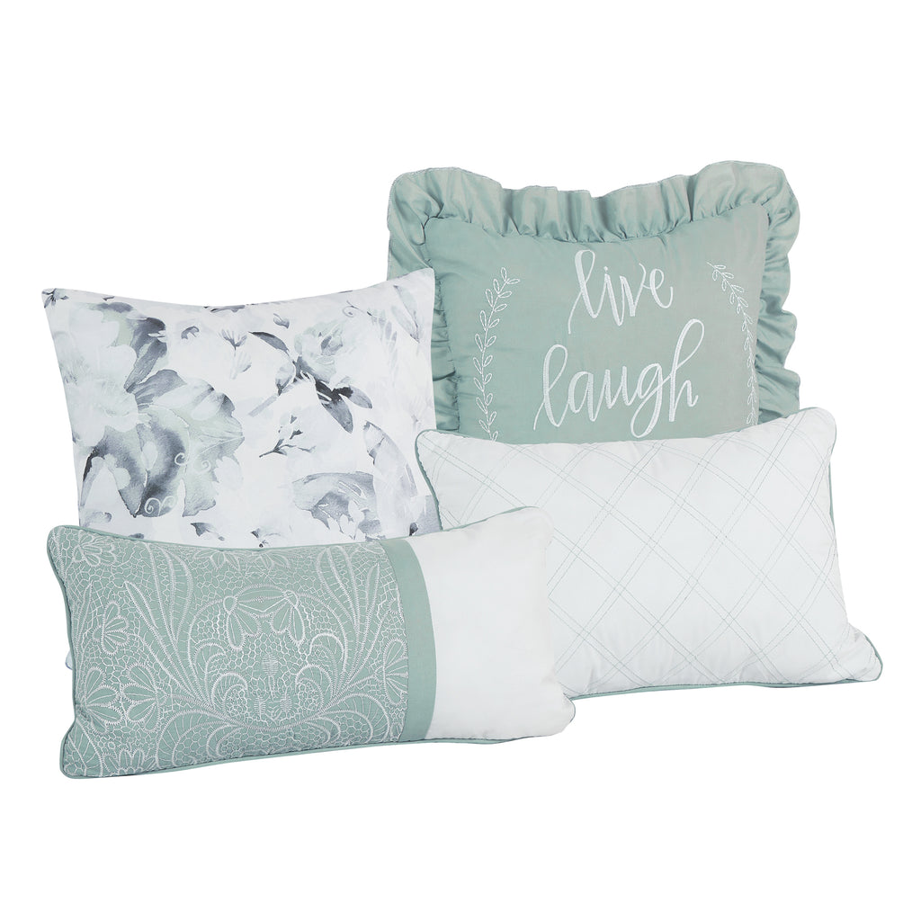Decorative pillows from the Soft Mint Green and Grey Watercolor Floral Comforter Set