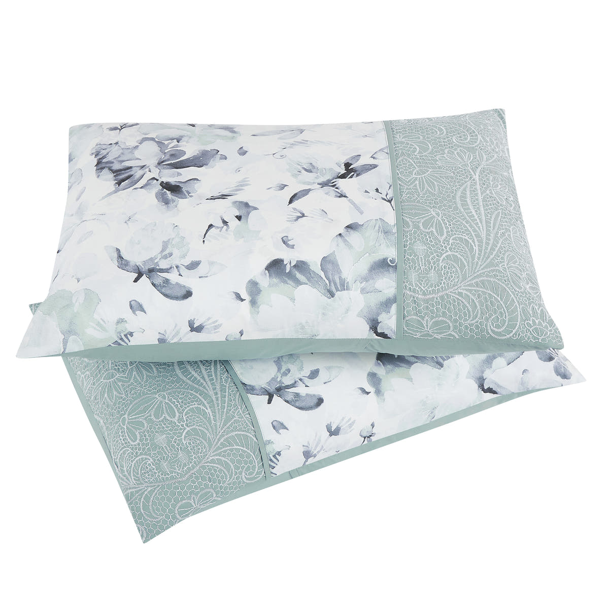 Matching pillow shams from the Soft Mint Green and Grey Watercolor Floral Comforter Set