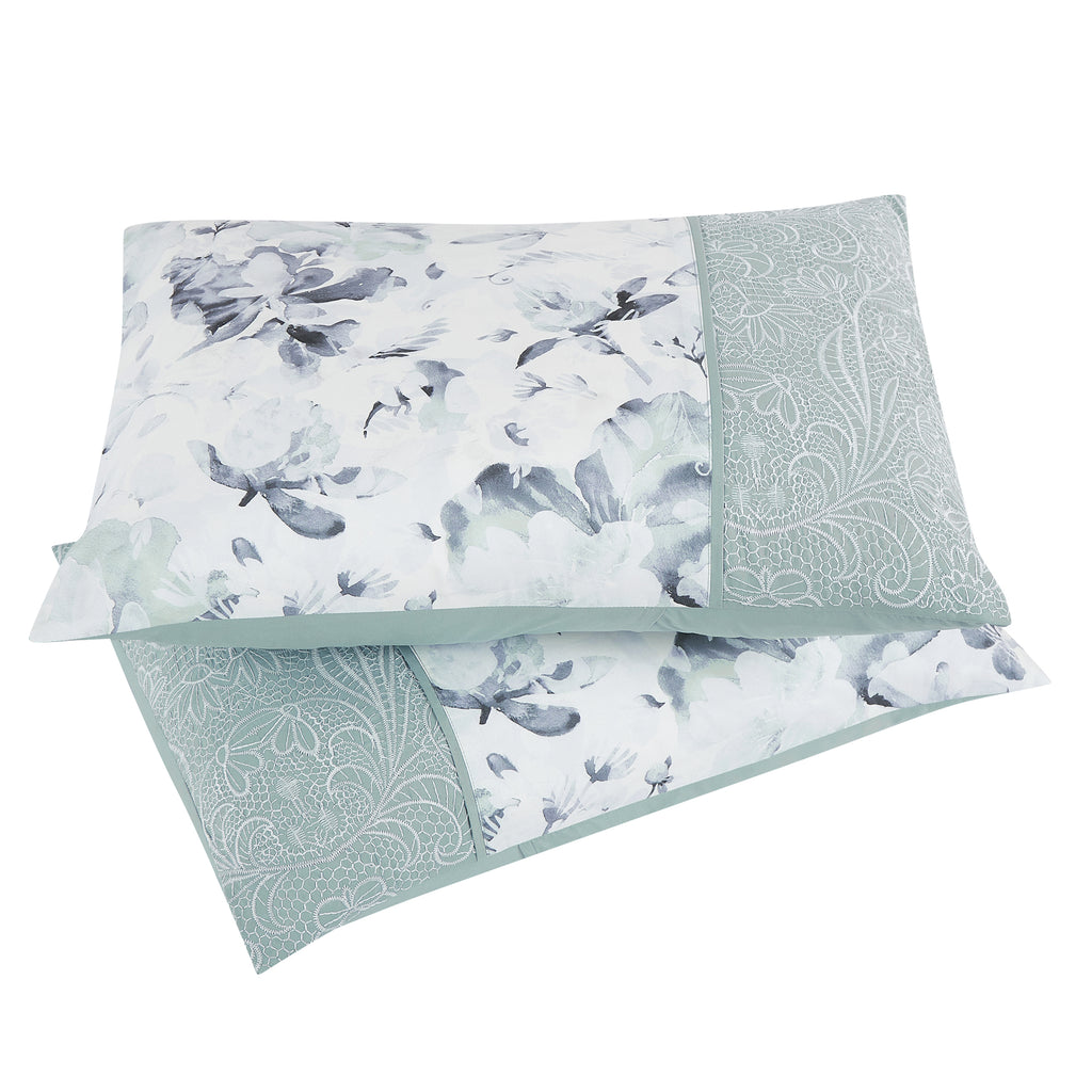 Matching pillow shams from the Soft Mint Green and Grey Watercolor Floral Comforter Set