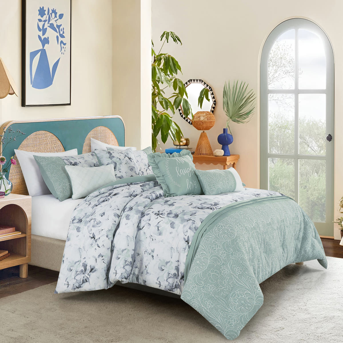 Soft Mint Green and Grey Watercolor Floral Comforter Set, styled on a made bed